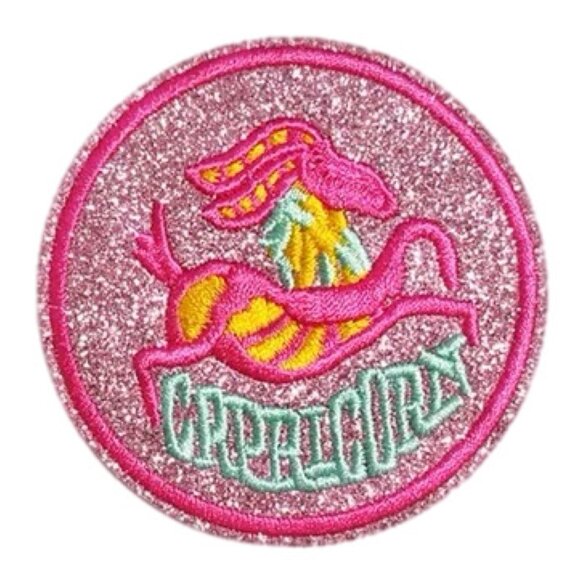 Glitter Embroidered Round Capricorn Zodiac Iron On Patch Pink Teal Blue Yellow - Picture 3 of 5